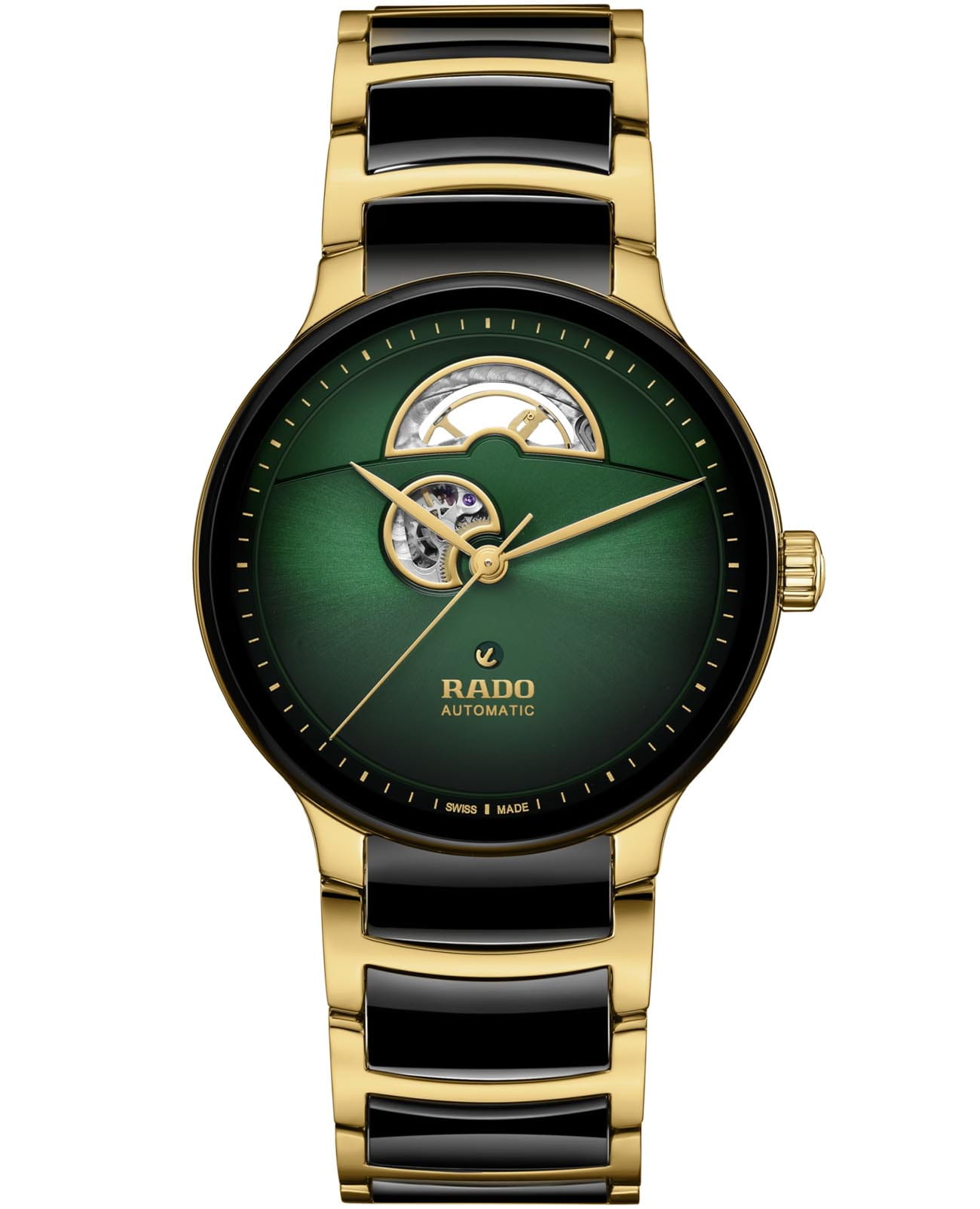 Rado Rado Centrix Automatic Open Heart R30008302 Automatic R30008302 механические мужские часы зеленый циферблат, браслет высокотехнологичная керамика + нержавеющая сталь с pvd покрытием — вид спереди