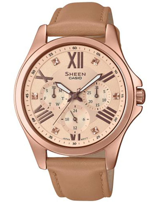 Casio Casio Sheen SHE-3806GL-9AUER  SHE-3806GL-9A кварцевые женские часы розовый циферблат, браслет кожаный — вид спереди