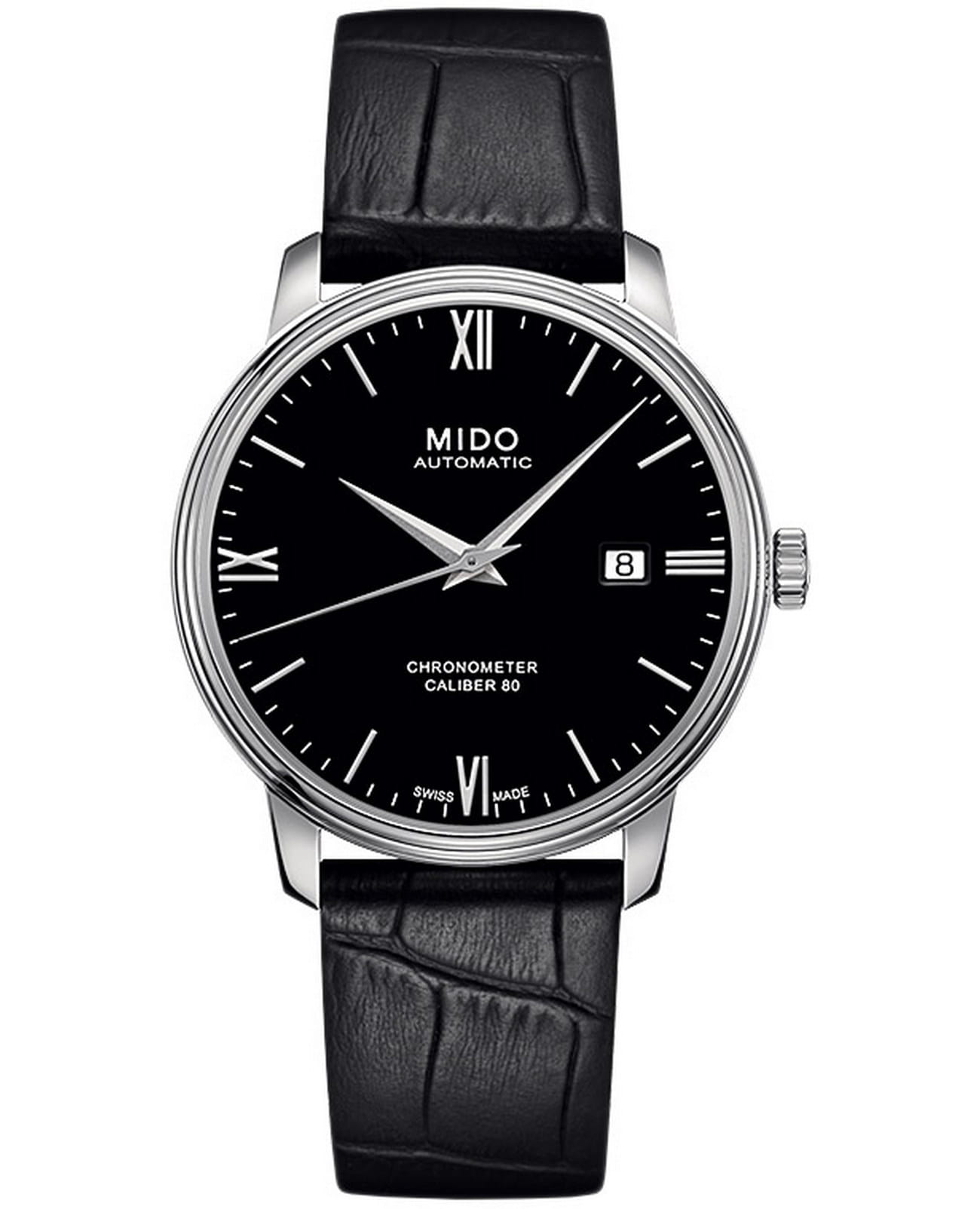 Mido Mido Baroncelli M027.408.16.058.00  M0274081605800 механические мужские часы черный циферблат, браслет кожаный — вид спереди