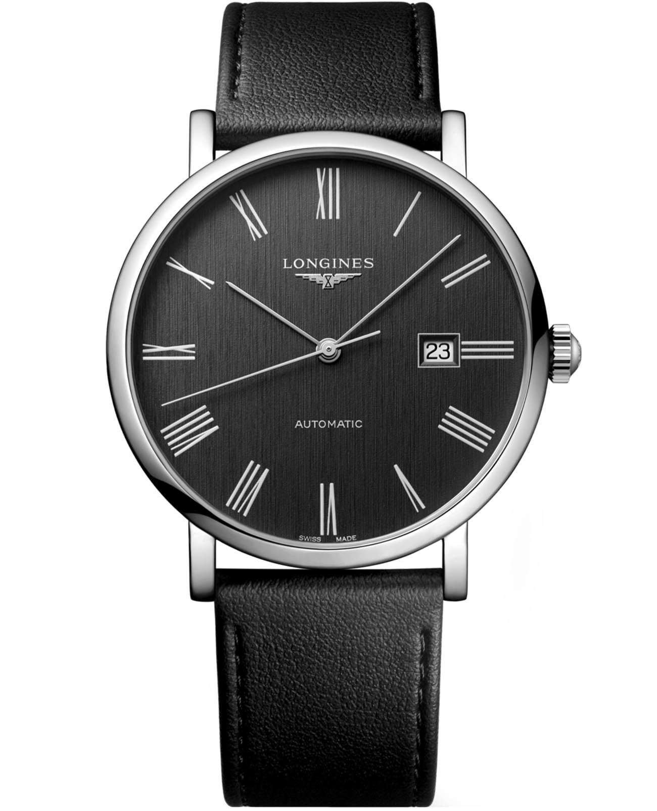 Longines Longines Elegant Collection L4.911.4.71.2  L49114712 механические мужские часы черный циферблат, браслет кожаный — вид спереди