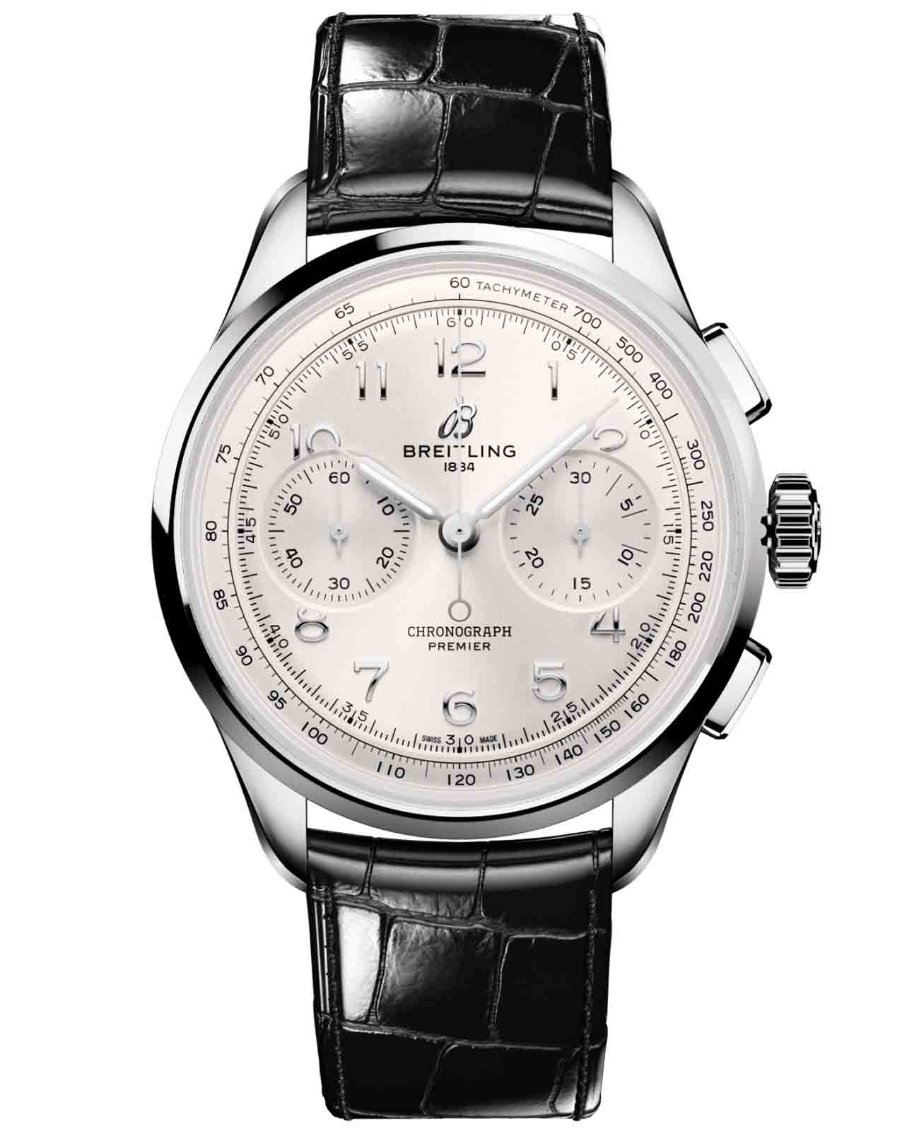 Breitling Breitling Premier B09 Chronograph 40 AB0930371G1P1  AB0930371G1P1 механические мужские часы серебристый циферблат, браслет кожаный — вид спереди