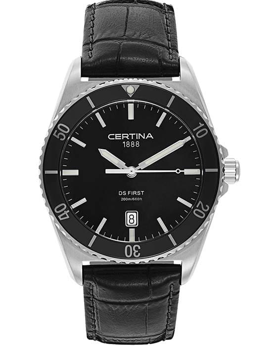 Certina Certina DS First C014.410.16.051.00 DS First C0144101605100 кварцевые мужские часы черный циферблат, браслет кожаный — вид спереди