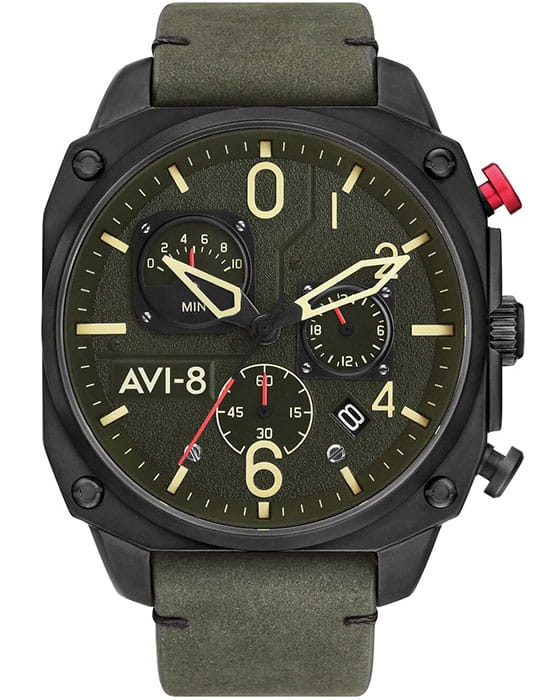 AVI-8 AV-4052-08  AV-4052-08 кварцевые мужские часы зеленый циферблат, браслет кожаный — вид спереди