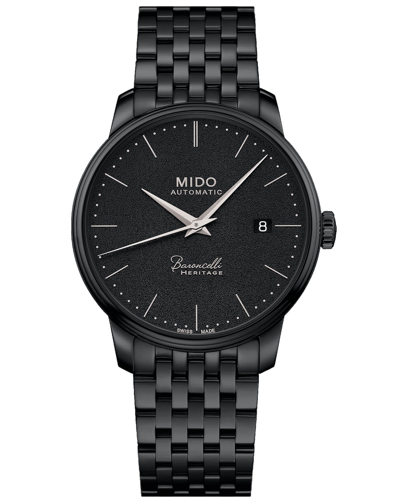Mido Mido Baroncelli Heritage Gent M027.407.33.050.00  M0274073305000 механические мужские часы черный циферблат, браслет сталь c pvd покрытием — вид спереди