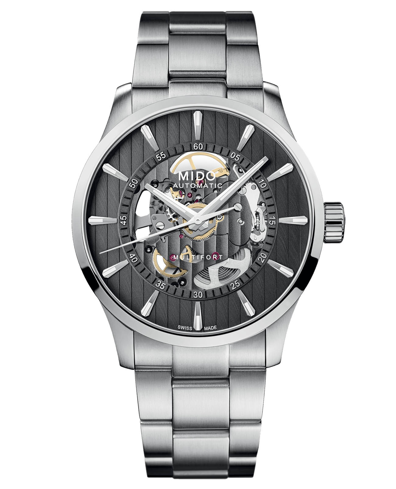 Mido Mido Multifort Skeleton Vertigo M038.436.11.061.00  M0384361106100 механические мужские часы серый циферблат, браслет нержавеющая сталь — вид спереди