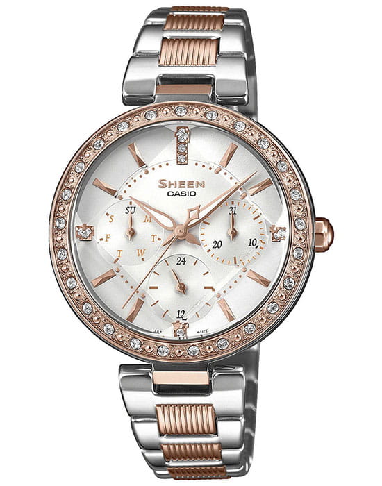 Casio Casio Sheen SHE-3068SPG-7AUER  SHE-3068SPG-7AUER кварцевые женские часы серебристый циферблат, браслет сталь с ip покрытием — вид спереди