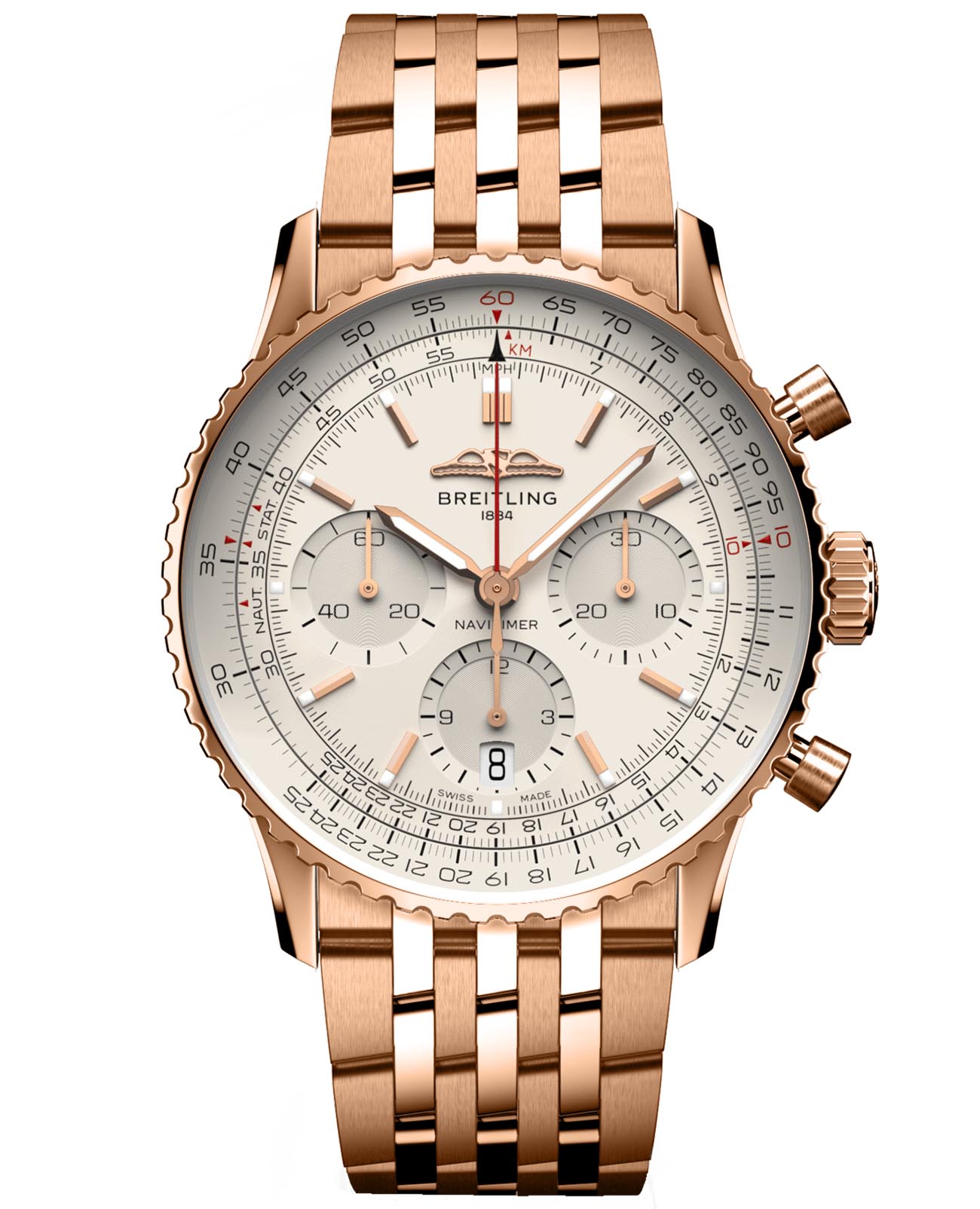 Breitling Breitling Navitimer B01 Chronograph 41 RB0139211G1R1  RB0139211G1R1 механические мужские часы бежевый циферблат, браслет 18-каратное красное золото — вид спереди