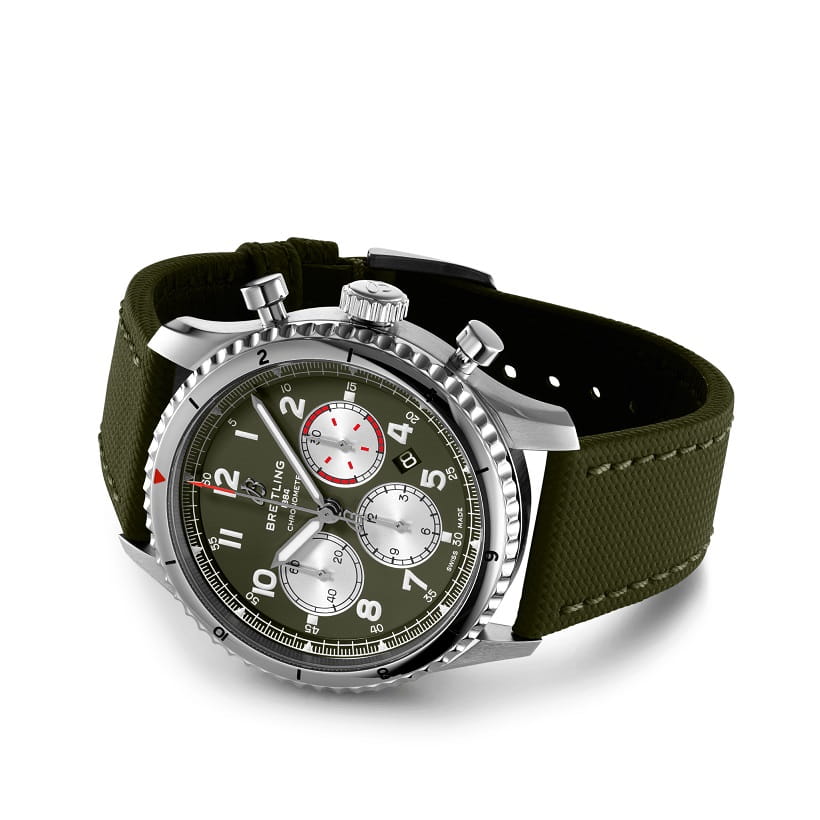 Breitling Breitling Aviator 8 B01 Chronograph 43 Curtiss Warhawk AB01192A1L1X2, aviator 8 швейцария мужские часы на браслете кожаный боковой вид