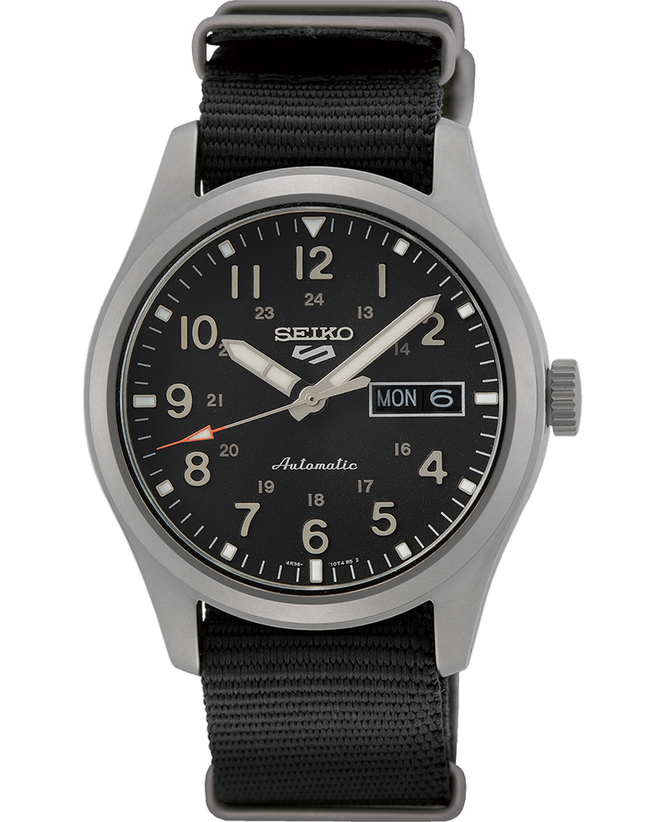 Seiko Seiko 5 Sports Field series SRPG37K1S Field SRPG37K1S механические мужские часы черный циферблат, браслет нейлон — вид спереди