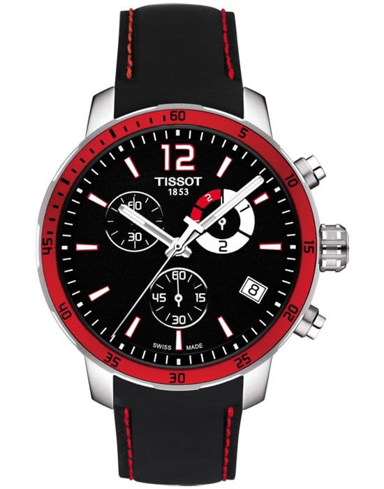 Tissot Tissot Quickste Chronograph Football T095.449.17.057.01 Quickster T0954491705701 кварцевые мужские часы черный циферблат, браслет кожаный — вид спереди