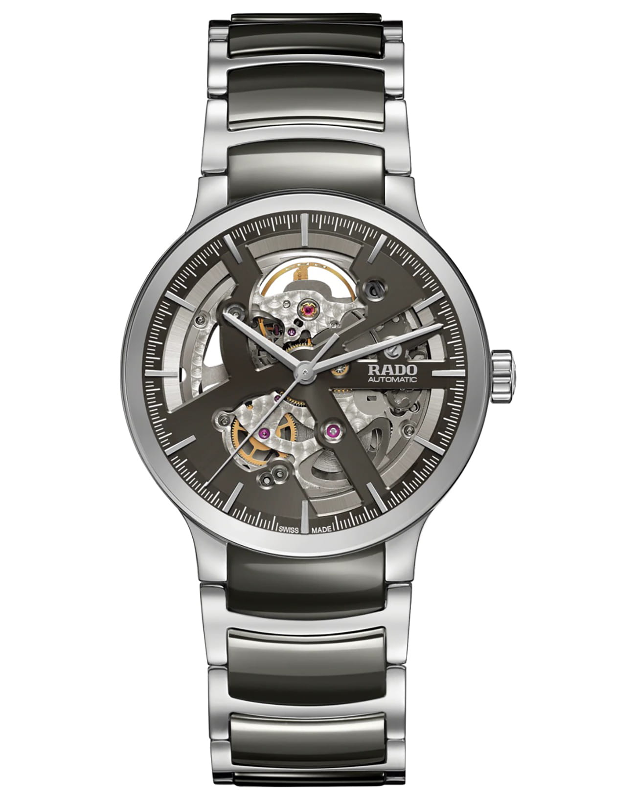 Rado Rado Centrix Automatic Open Heart R30179114 Automatic R30179114 механические мужские часы серый циферблат, браслет нержавеющая сталь — вид спереди