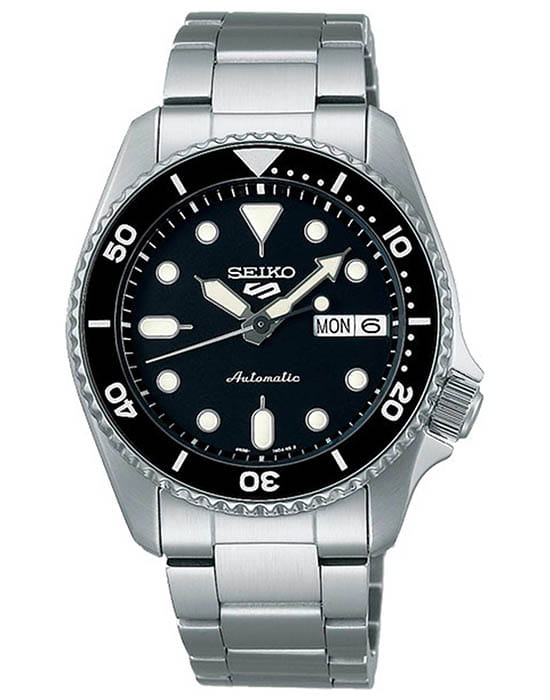 Seiko Seiko 5 Sports SRPK29K1  SRPK29K1 механические мужские часы черный циферблат, браслет нержавеющая сталь — вид спереди