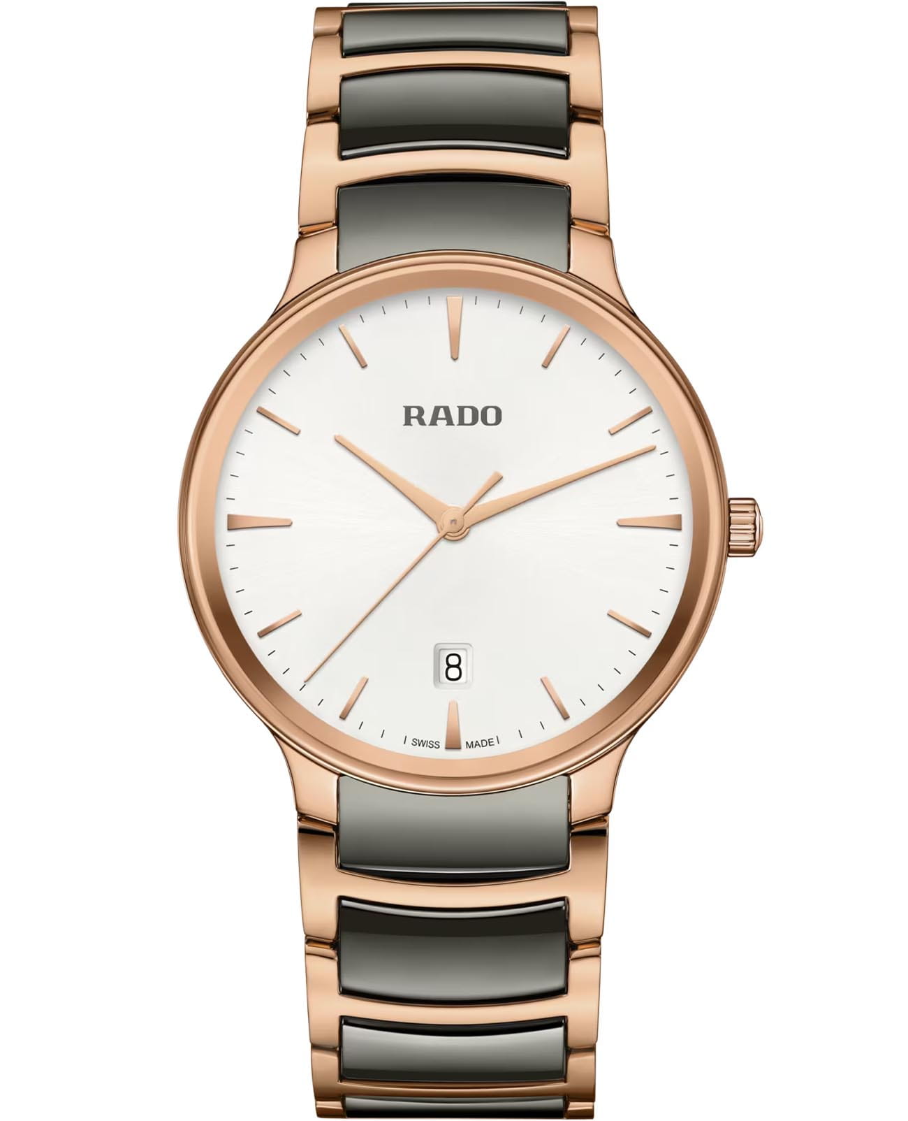 Rado Rado Centrix R30023012  R30023012 кварцевые мужские часы белый циферблат, браслет высокотехнологичная керамика + нержавеющая сталь с pvd покрытием — вид спереди