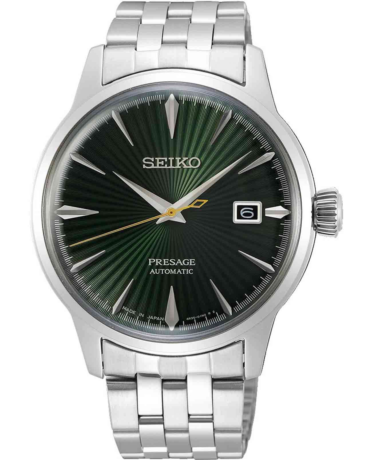 Seiko Seiko Presage SRPE15J1  SRPE15J1 механические мужские часы зеленый циферблат, браслет нержавеющая сталь — вид спереди