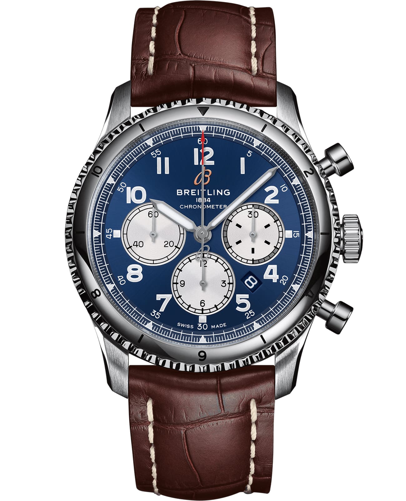 Breitling Breitling Aviator 8 B01 Chronograph 43 AB0119131C1P2  AB0119131C1P2 механические мужские часы синий циферблат, браслет кожаный — вид спереди
