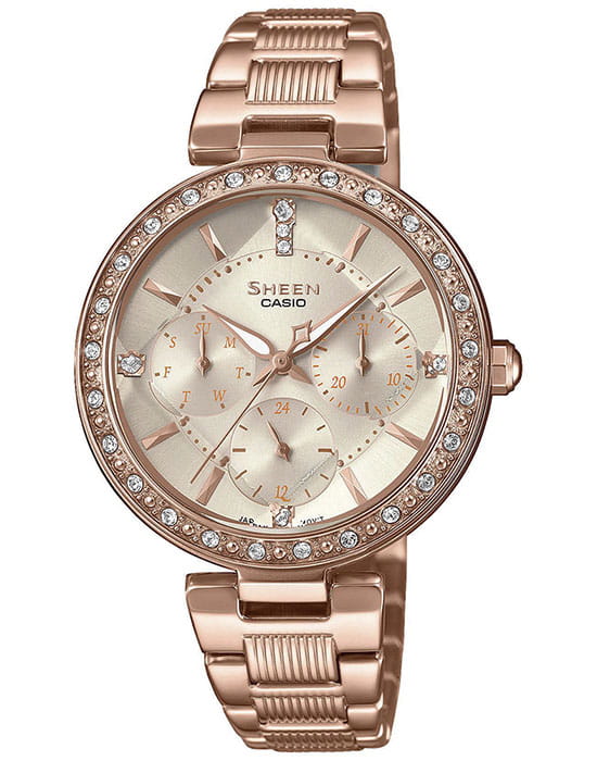 Casio Casio Sheen SHE-3068PG-4AUER  SHE-3068PG-4AUER кварцевые женские часы серебристый циферблат, браслет сталь с ip покрытием — вид спереди