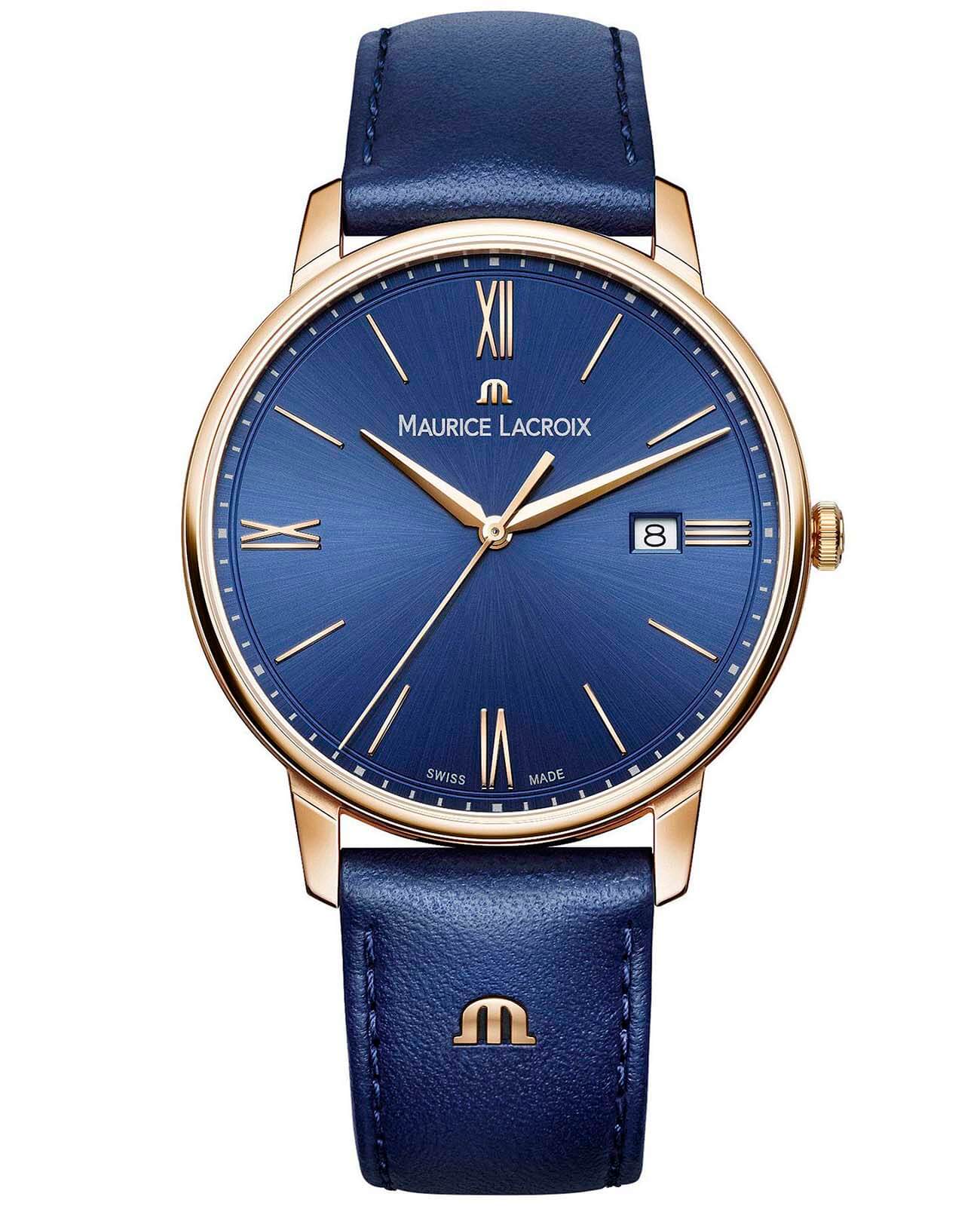 Maurice Lacroix Maurice Lacroix Eliros Date EL1118-PVP01-411-1  EL1118-PVP01-411-1 кварцевые мужские часы синий циферблат, браслет кожаный — вид спереди