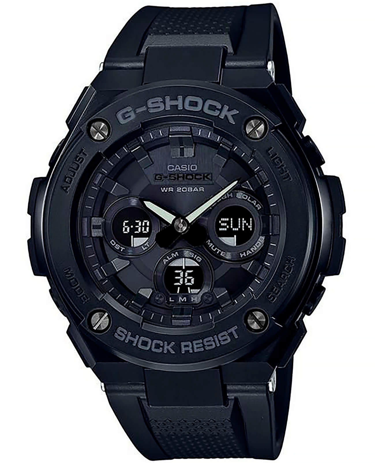 Casio Casio G-Shock GST-W300G-1A1 GST G-Steel GST-W300G-1A1 электронные мужские часы черный циферблат, браслет каучук — вид спереди