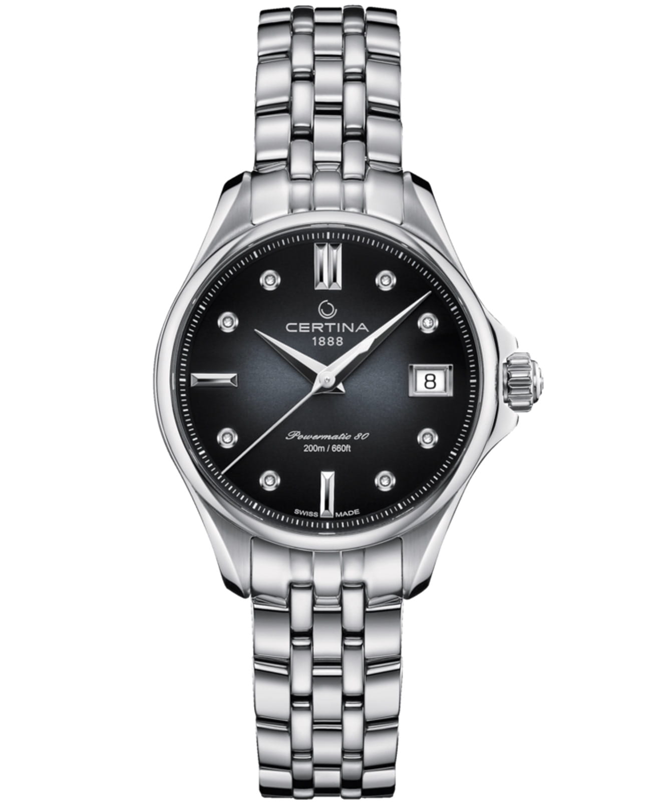 Certina Certina DS Action C032.207.11.056.00 DS Action C0322071105600 механические женские часы черный циферблат, браслет нержавеющая сталь 316l — вид спереди