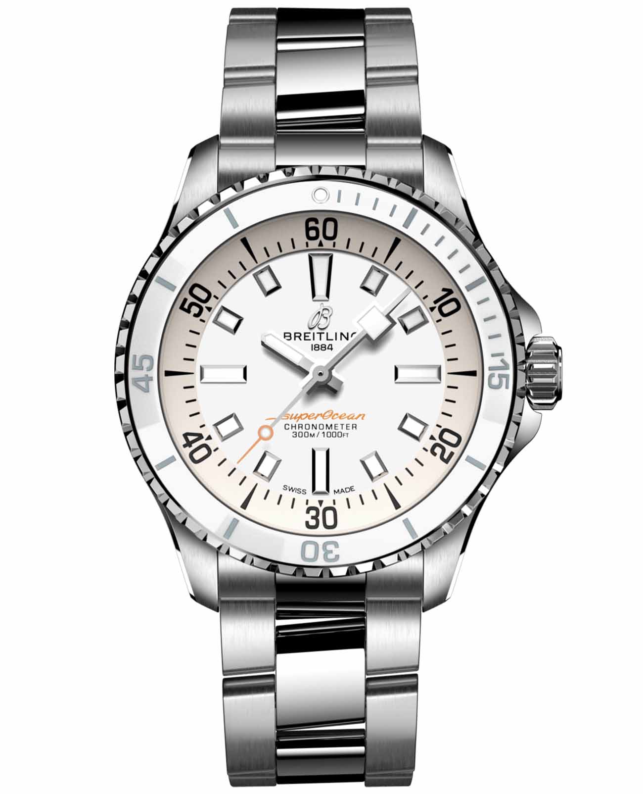 Breitling Breitling Superocean Automatic 36 A17377211A1A1  A17377211A1A1 механические мужские часы белый циферблат, браслет нержавеющая сталь — вид спереди