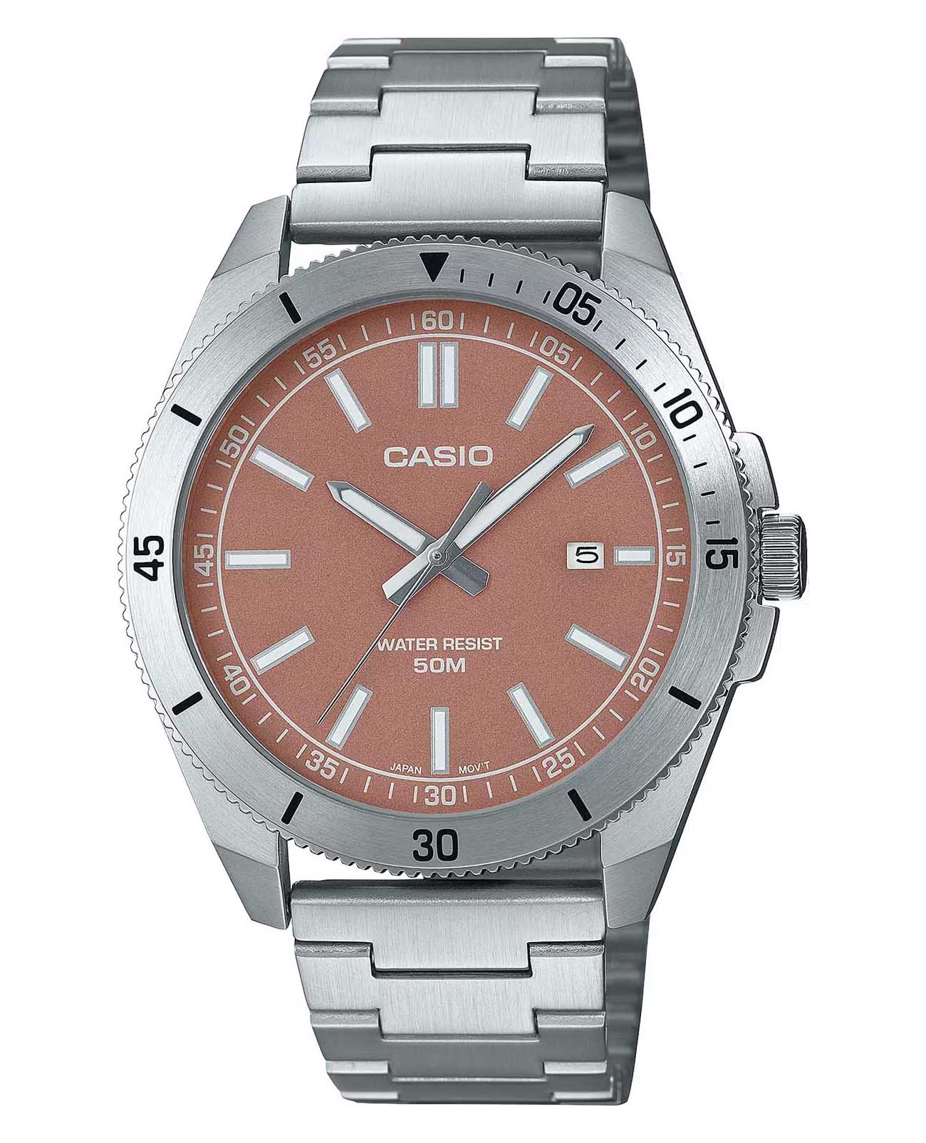 Casio Casio Collection MTP-B155D-5EV  MTP-B155D-5E кварцевые мужские часы оранжевый циферблат, браслет нержавеющая сталь — вид спереди