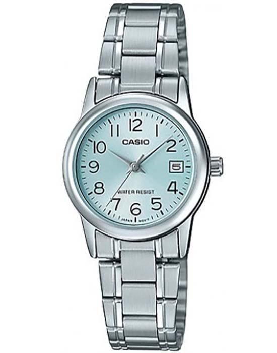 Casio Casio LTP-V002D-2B  LTP-V002D-2B кварцевые женские часы голубой циферблат, браслет нержавеющая сталь — вид спереди