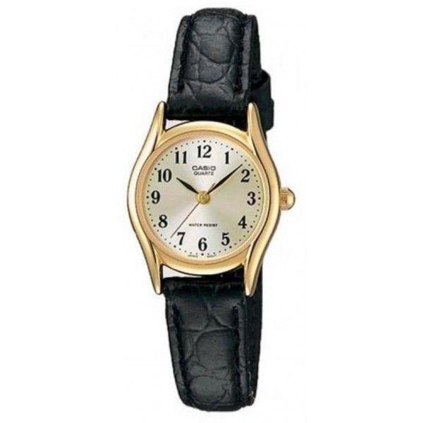 Casio Casio LTP-1094Q-7B2  LTP-1094Q-7B2 автокварц (кинетик) женские часы золотой циферблат, браслет кожаный — вид спереди