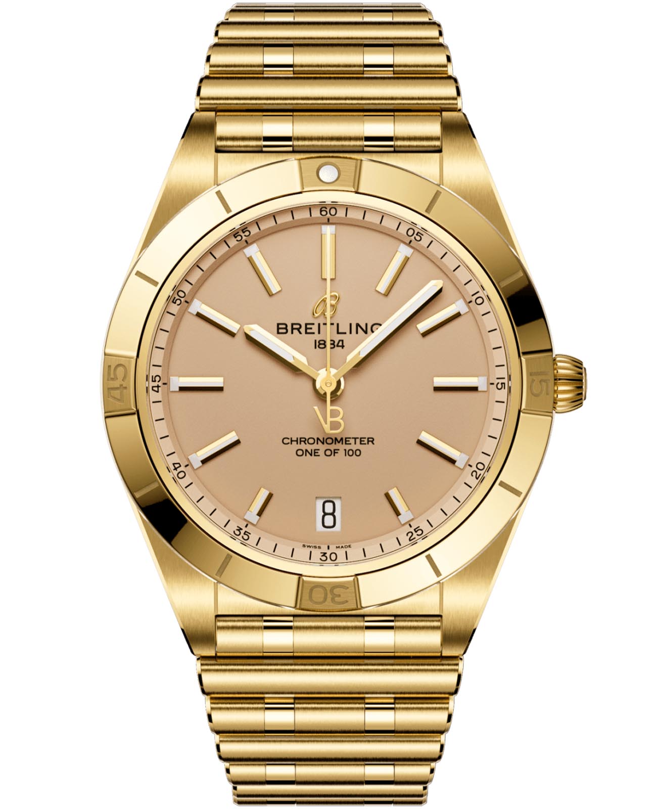 Breitling Breitling Chronomat Automatic 36 Victoria Beckham K103801A1A1K1  K103801A1A1K1 механические женские часы бежевый циферблат, браслет 18-каратное желтое золото — вид спереди