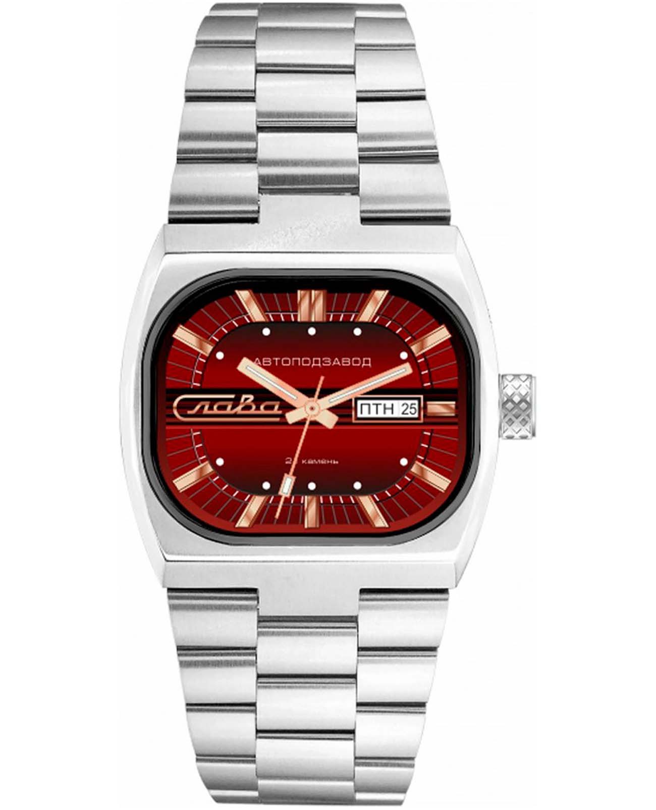 Слава Слава Телевизор 3042707/100-8205  3042707/100-8205 механические мужские часы красный циферблат, браслет нержавеющая сталь — вид спереди