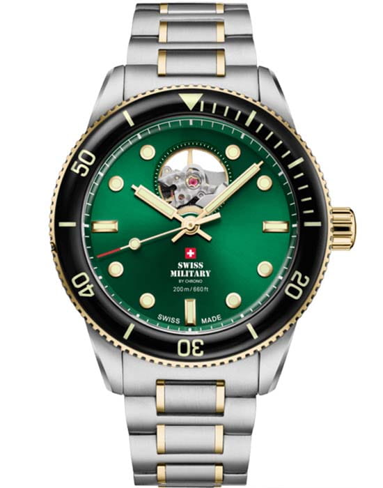 Swiss Military by Chrono Swiss Military by Chrono Automatic Dive SMA34106.13  SMA34106.13 механические мужские часы зеленый циферблат, браслет нержавеющая сталь с pvd-покрытием — вид спереди