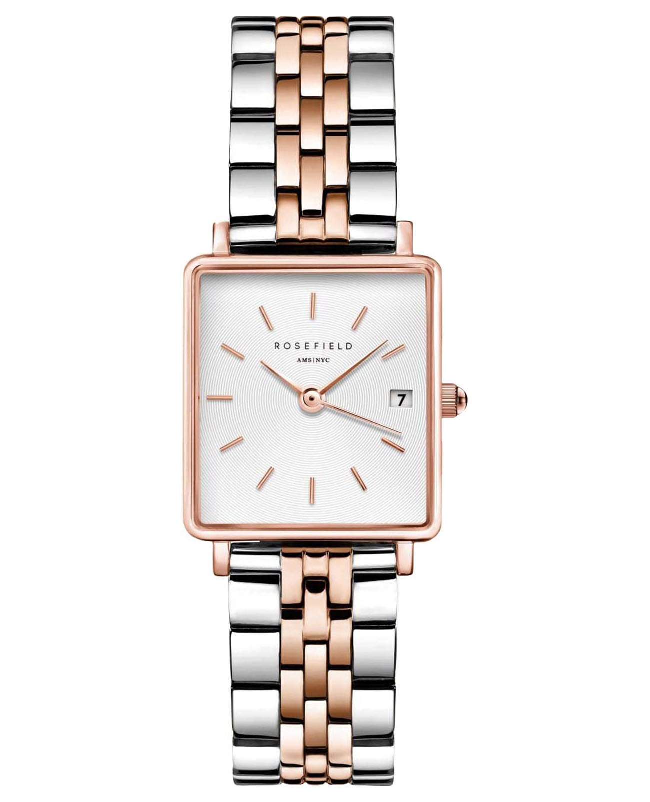 Rosefield Rosefield The Boxy XS QMWSSR-Q024  QMWSSR-Q024 кварцевые женские часы белый циферблат, браслет сталь c pvd покрытием — вид спереди