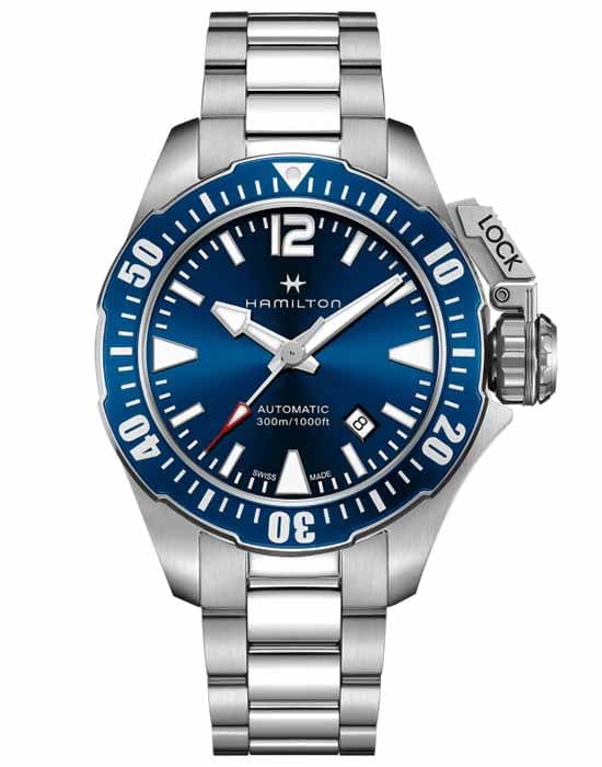 Hamilton Hamilton Khaki Navy Frogman H77705145  H77705145 механические мужские часы синий циферблат, браслет нержавеющая сталь — вид спереди
