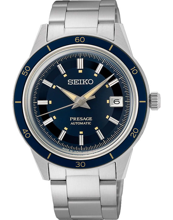 Seiko Seiko Presage SRPG05J1  SRPG05J1 механические мужские часы синий циферблат, браслет нержавеющая сталь — вид спереди