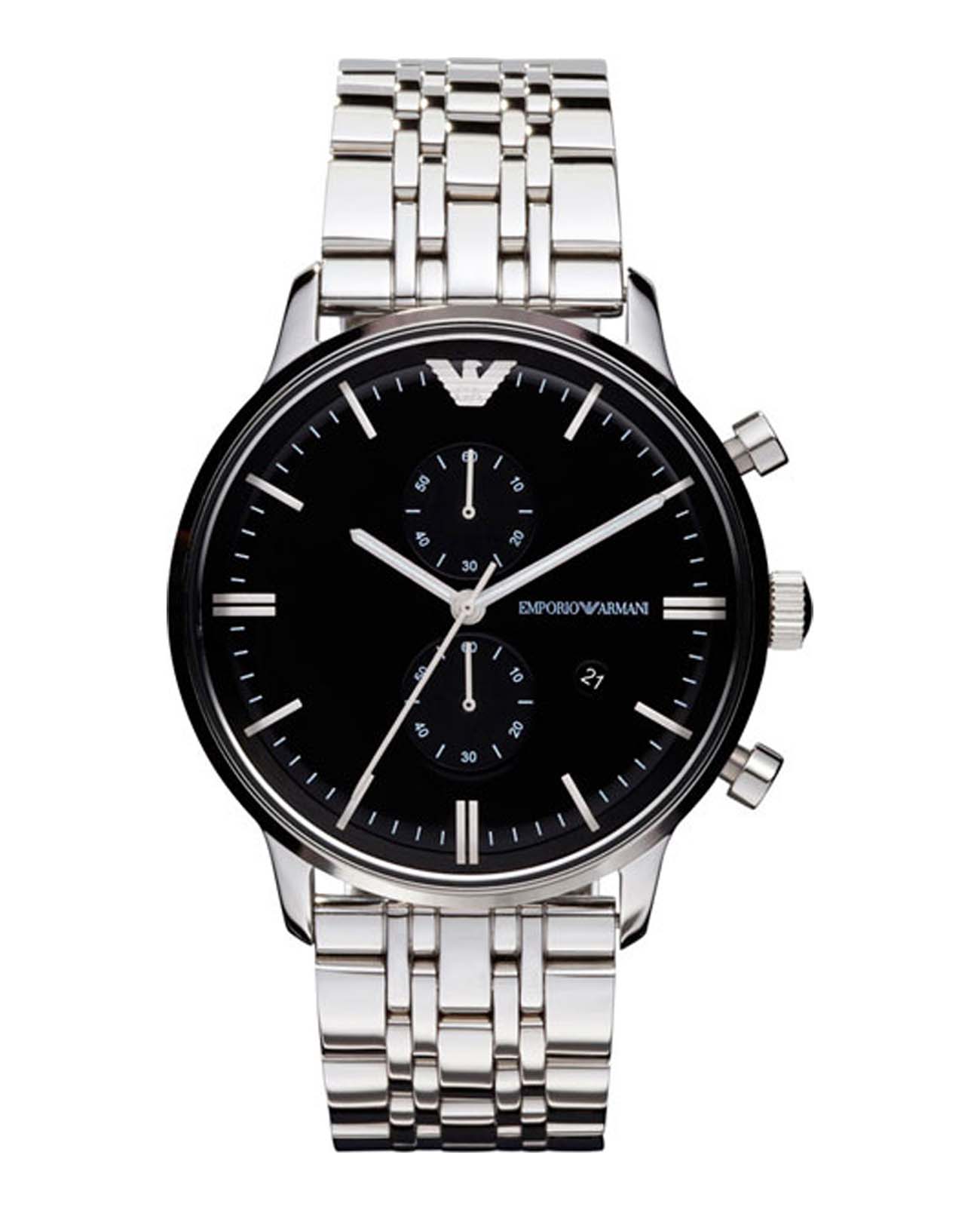 Emporio Armani Emporio Armani Classics AR0389  AR0389 кварцевые мужские часы черный циферблат, браслет нержавеющая сталь — вид спереди