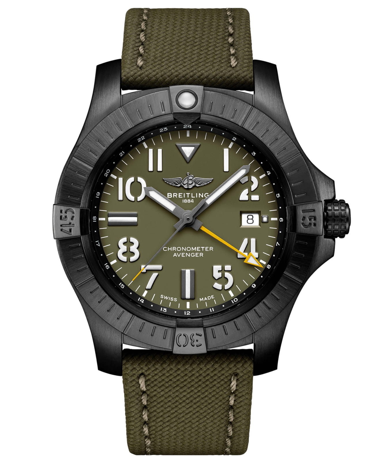 Breitling Breitling Avenger Automatic GMT 45 Night Mission Limited Edition V323952A1L1X1  V323952A1L1X1 механические мужские часы зеленый циферблат, браслет кожаный — вид спереди