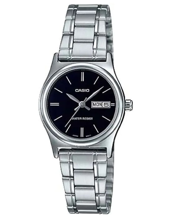 Casio Casio Collection LTP-V006D-1B2  LTP-V006D-1B2 кварцевые женские часы черный циферблат, браслет нержавеющая сталь — вид спереди