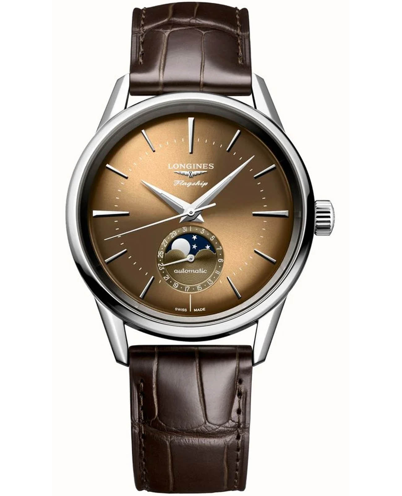 Longines Longines Flagship Heritage L4.815.4.62.2  L48154622 механические мужские часы бежевый циферблат, браслет кожаный — вид спереди