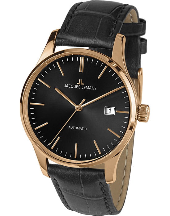 Jacques Lemans Jacques Lemans Classic 1-2073E  1-2073E механические мужские часы черный циферблат, браслет кожаный — вид спереди