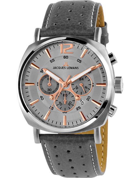 Jacques Lemans Jacques Lemans 1-1645L  1-1645L кварцевые мужские часы серый циферблат, браслет кожа + текстиль — вид спереди