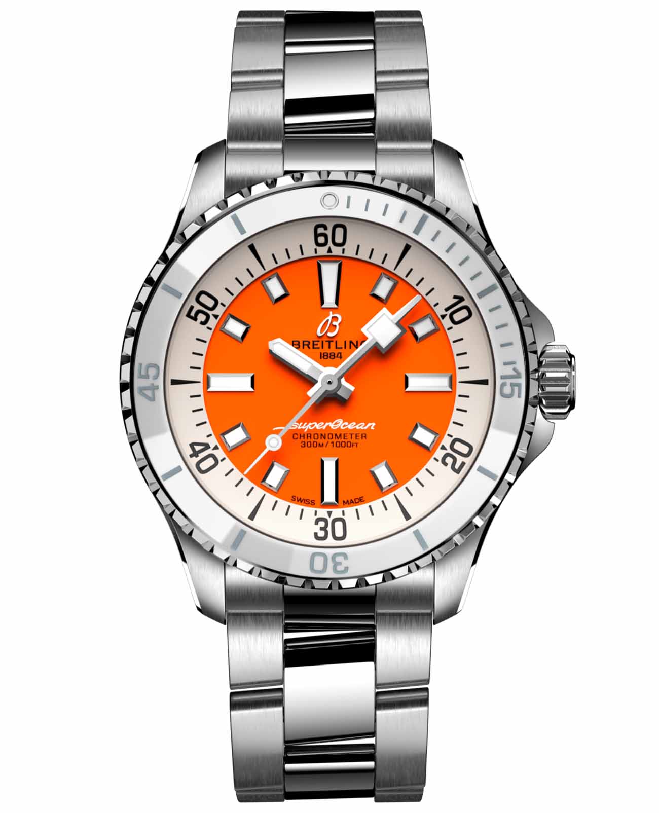Breitling Breitling Superocean Automatic 36 A17377211O1A1  A17377211O1A1 механические мужские часы оранжевый циферблат, браслет нержавеющая сталь — вид спереди