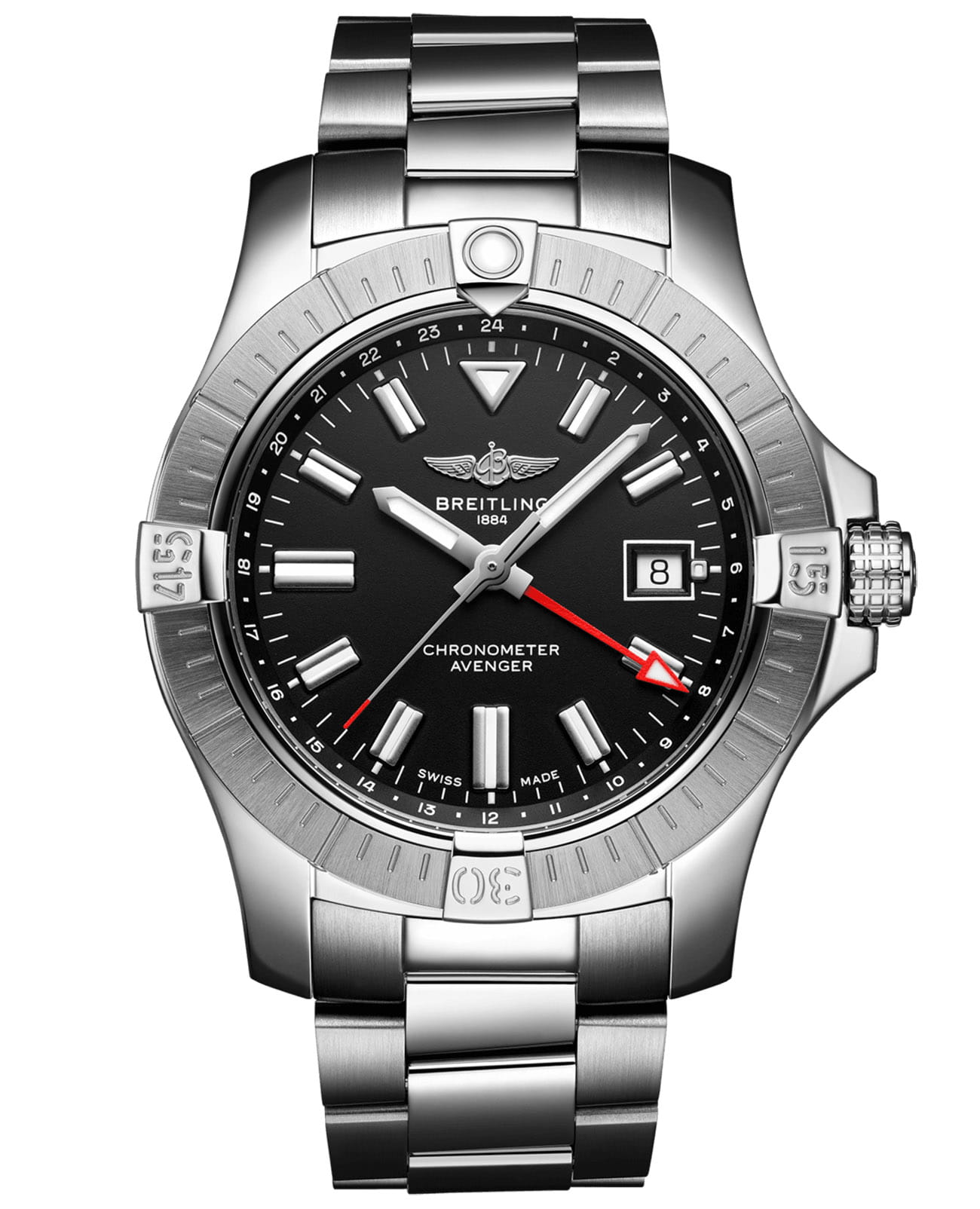 Breitling Breitling Avenger Automatic GMT 43 A32397101B1A1  A32397101B1A1 механические мужские часы черный циферблат, браслет нержавеющая сталь — вид спереди
