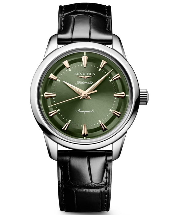 Longines Longines Conquest Heritage L1.649.4.02.2  L16494022 механические мужские часы зеленый циферблат, браслет кожаный — вид спереди