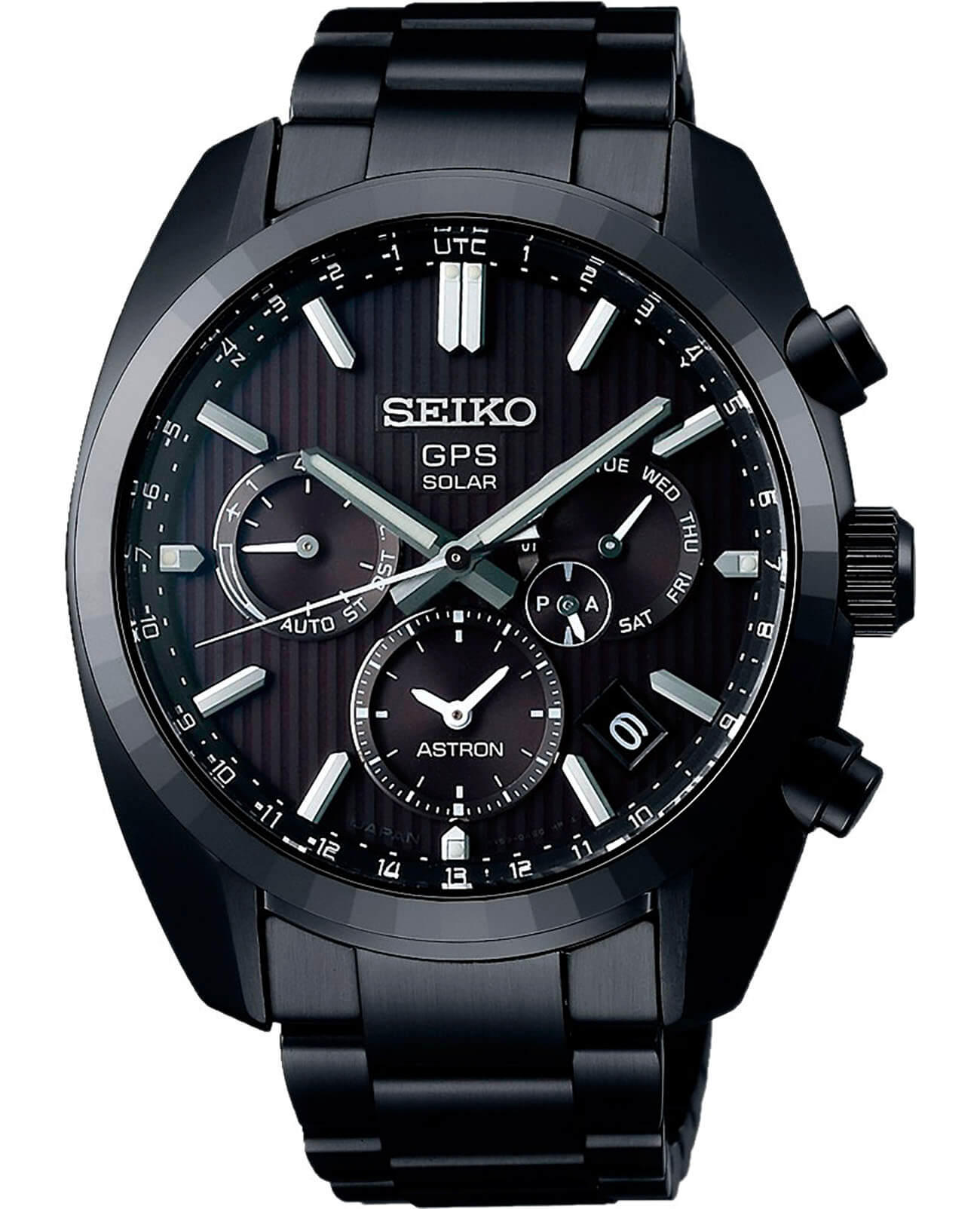 Seiko Seiko Astron GPS Solar SSH023J1  SSH023J1 кварцевые мужские часы черный циферблат, браслет сталь c pvd покрытием — вид спереди