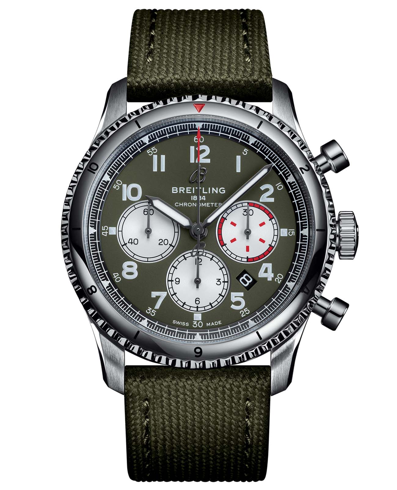 Breitling Breitling Aviator 8 B01 Chronograph 43 Curtiss Warhawk AB01192A1L1X2  AB01192A1L1X2 механические мужские часы зеленый циферблат, браслет кожаный — вид спереди
