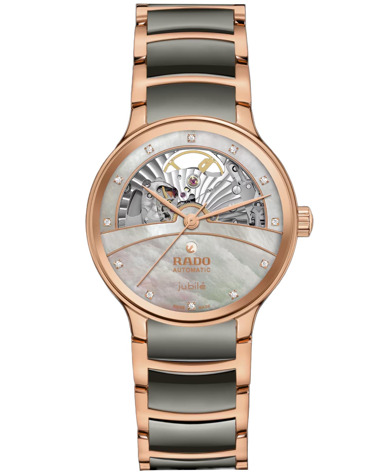 Rado Rado Centrix Automatic Diamonds Open Heart R30029912 Automatic R30029912 механические женские часы перламутровый циферблат, браслет высокотехнологичная керамика + нержавеющая сталь с pvd покрытием — вид спереди