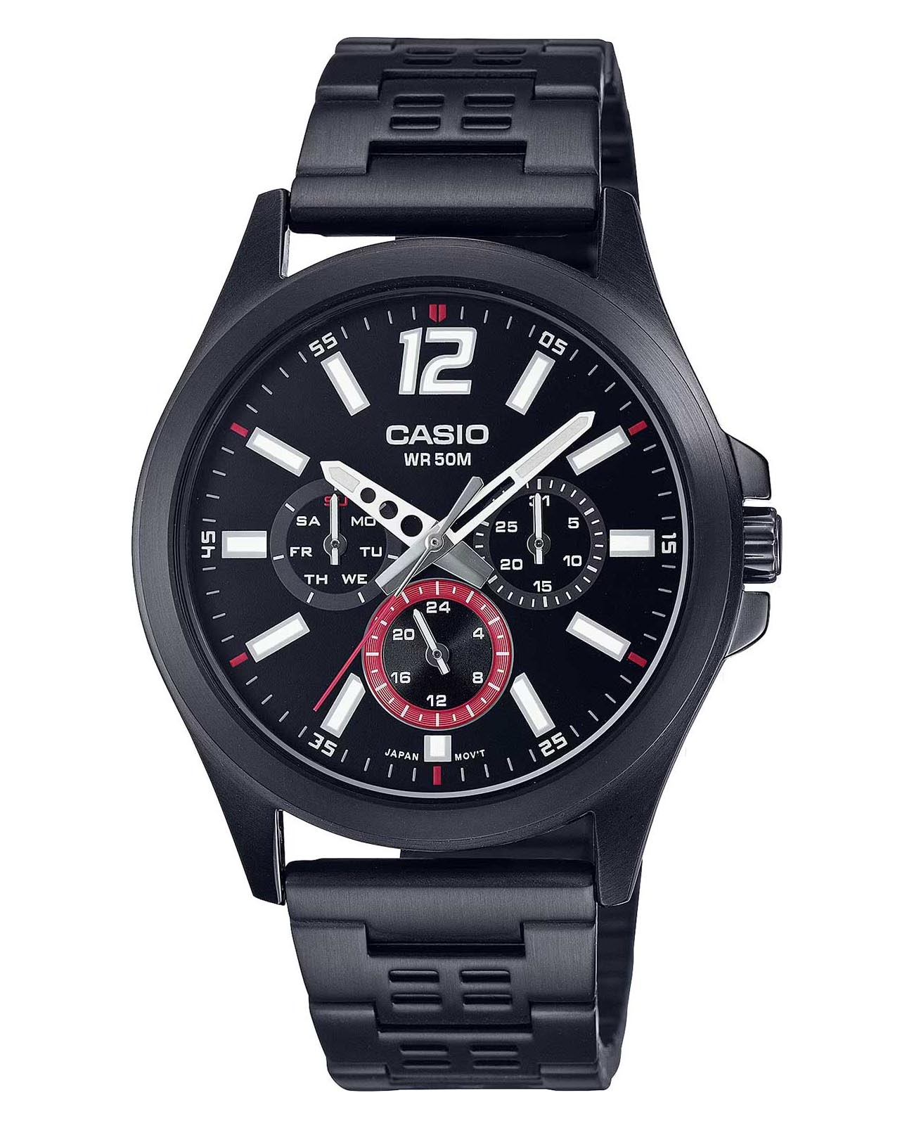 Casio Casio Collection MTP-E350B-1B  MTP-E350B-1B кварцевые мужские часы черный циферблат, браслет нержавеющая сталь с ip-покрытием — вид спереди