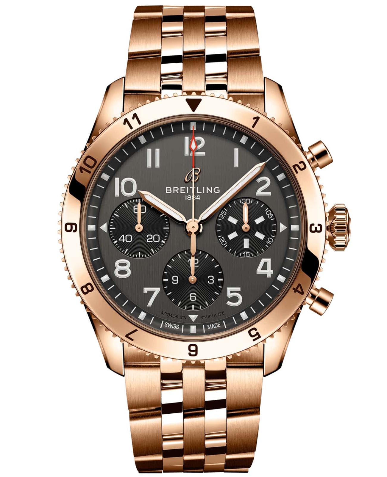 Breitling Breitling Classic Avi Chronograph 42 P-51 Mustang R233801A1B1R1  R233801A1B1R1 механические мужские часы черный циферблат, браслет 18-каратное красное золото — вид спереди