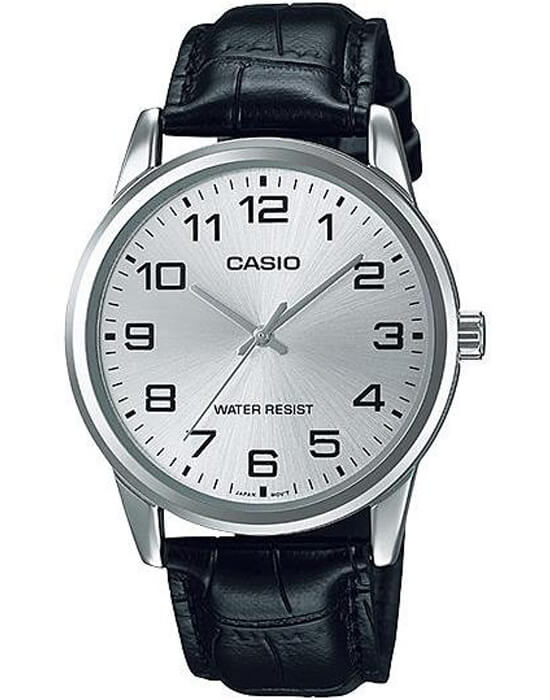 Casio Casio Collection MTP-V001L-7BUDF (MTP-V001L-7B)  MTP-V001L-7B кварцевые мужские часы серебристый циферблат, браслет кожаный — вид спереди