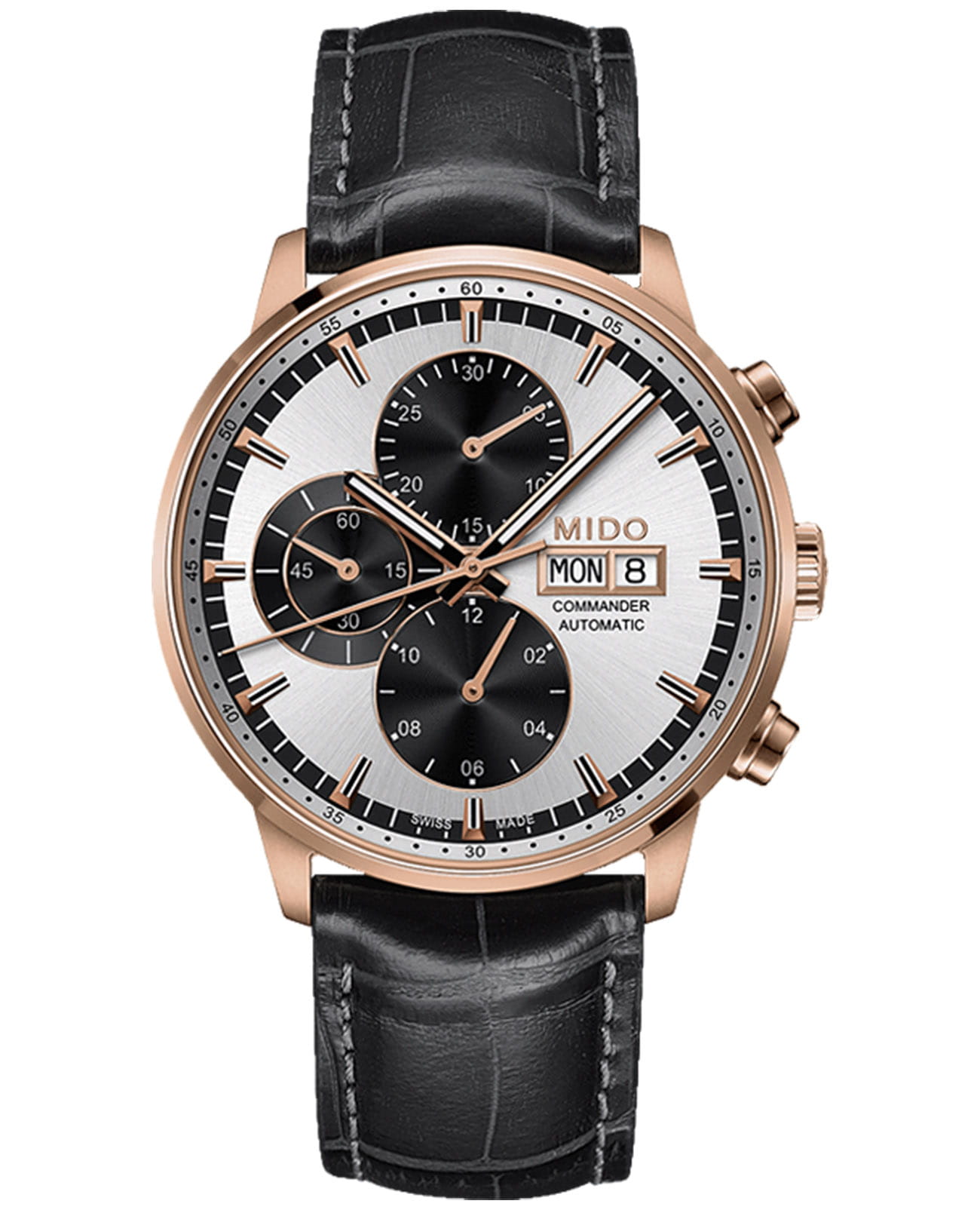 Mido Mido Commander Chronograph M016.414.36.031.59  M0164143603159 механические мужские часы серый циферблат, браслет кожаный — вид спереди