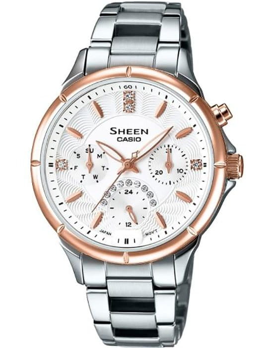 Casio Casio Sheen SHE-3047SG-7A  SHE-3047SG-7A кварцевые женские часы белый циферблат, браслет нержавеющая сталь — вид спереди
